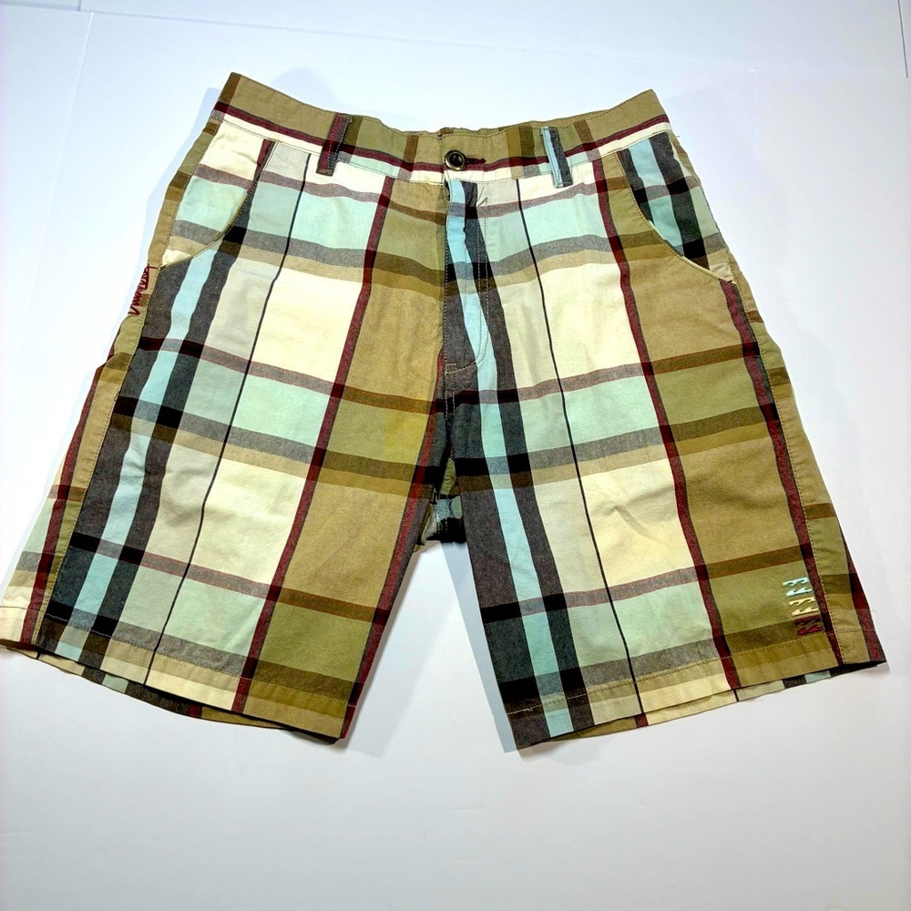 Billabong Mens Shorts Chino Sz 32 Plaid Brown Blue Pockets Logo Board Shorts
